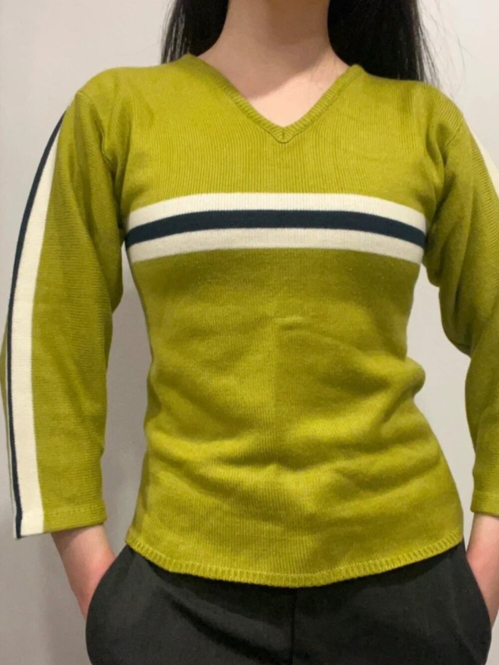Chartreuse Green V-Neck Sporty Long Sleeve Sweater